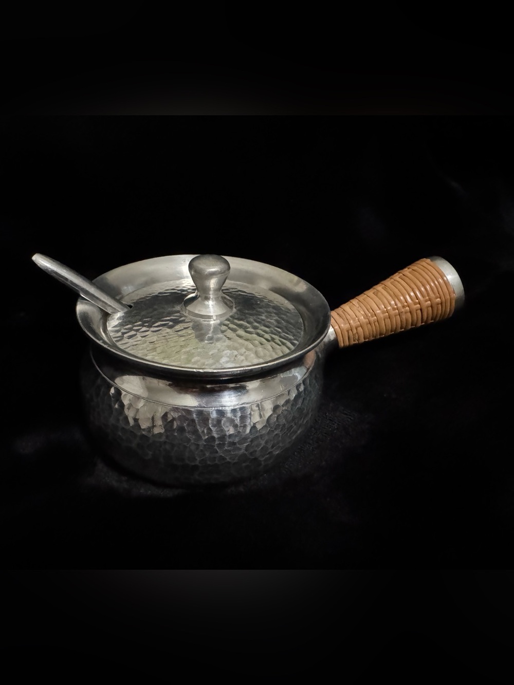 Vintage Barka Tin Indonesia Hammered Pewter Sugar Bowl & Ladle | Rattan Wrapped